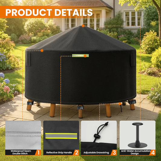 Yexcend Round Patio Furniture Covers with Support Pole, 800D Heavy Duty Waterproof Tear-Resistant Polyester Outdoor Furniture Cover & Fire Pit