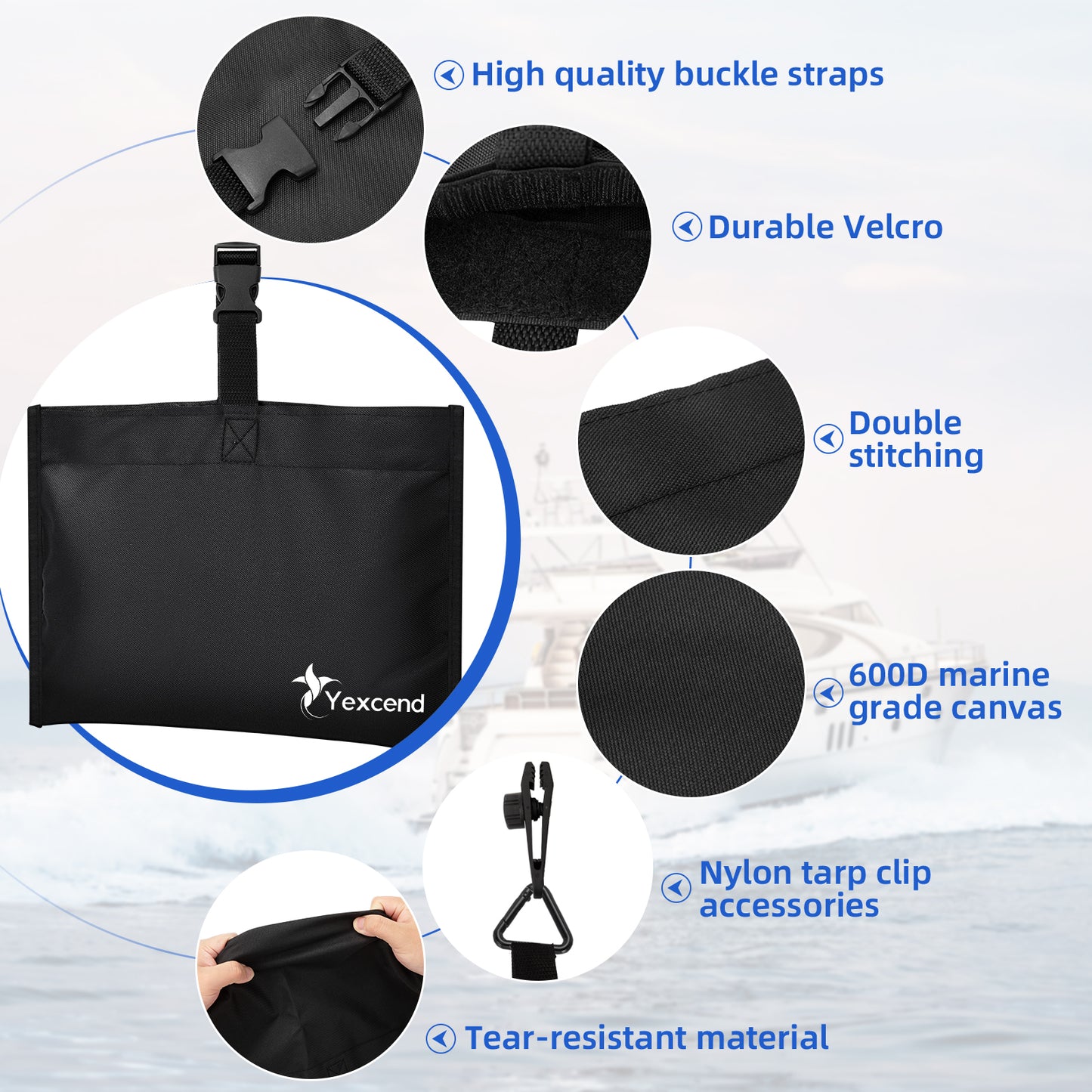 Boat Cover Sand Bag Mooring Kit, 600D Marine Grade Polyester Canvas with Tarp Clip Accessories