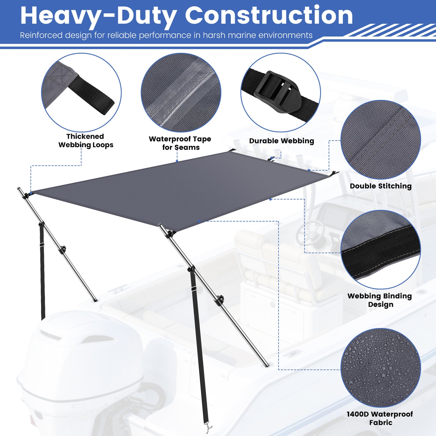 Universal T-Top Shade Extension 1400D Polyester with Adjustable Poles Heavy-Duty UV-Resistant & Waterproof Boat Shade with Telescopic Stainless Steel Pole Kit, Charcoal Gray